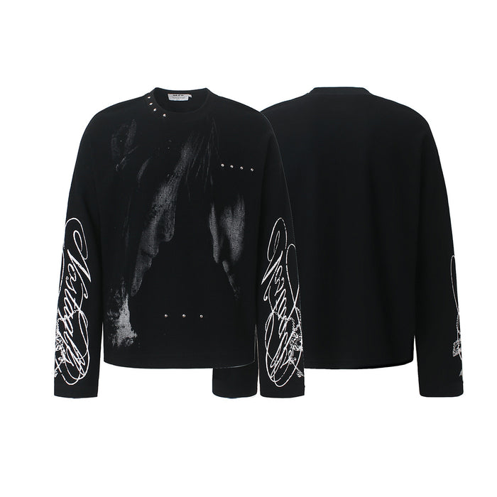 Black long-sleeve graphic tee showing the printed front and plain back with white sleeve script and stud details