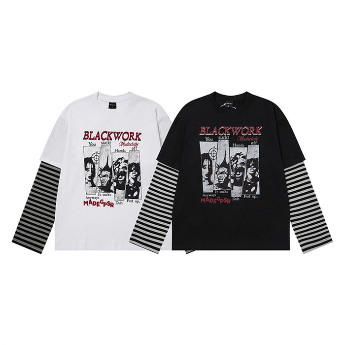 White and black long-sleeve graphic T-shirts with striped under-sleeves shown from the front