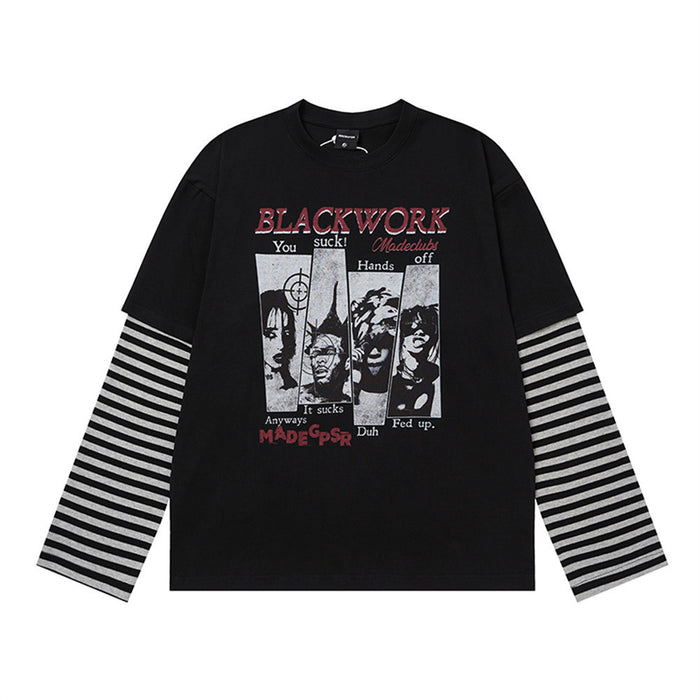 Blackwork faux layered graphic long-sleeve t-shirt with striped sleeves in black and white colorways