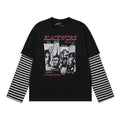 Blackwork faux layered graphic long-sleeve t-shirt with striped sleeves in black and white colorways