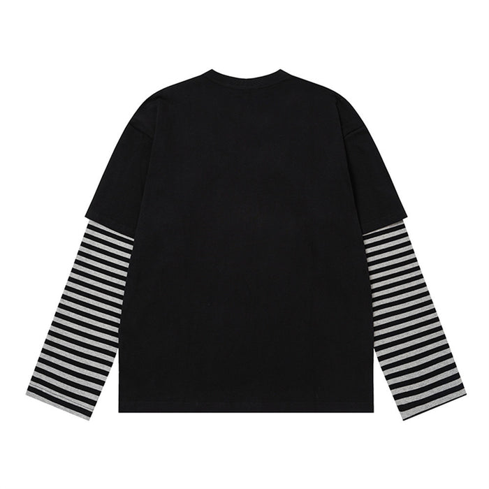 Black long-sleeve T-shirt shown from the back with contrasting black-and-gray striped sleeves