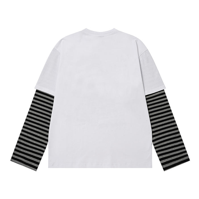 White long-sleeve T-shirt shown from the back with plain fabric and black-and-gray striped sleeves