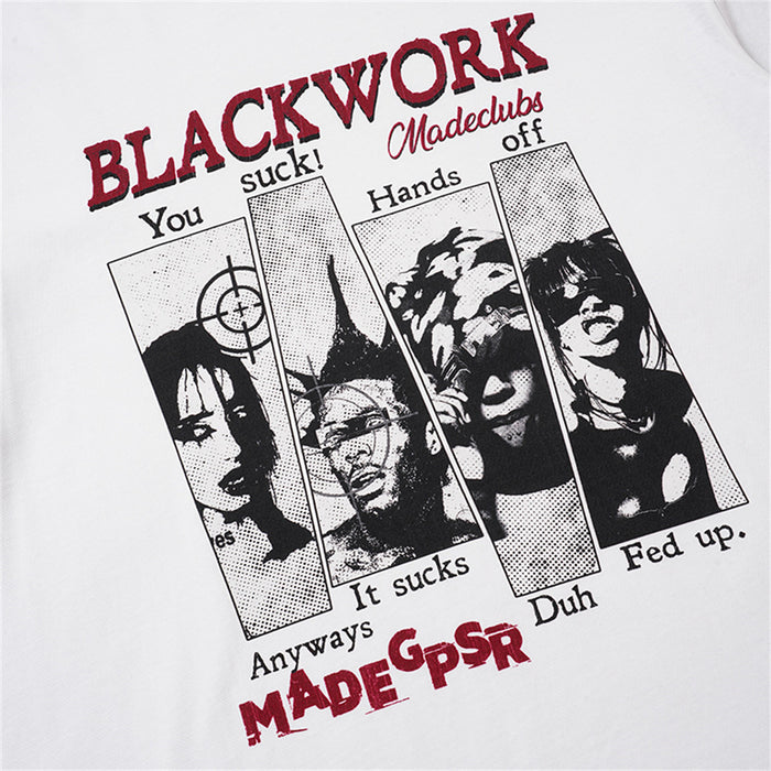 Close-up of the white shirt graphic featuring BLACKWORK text and four black-and-white illustrated panels