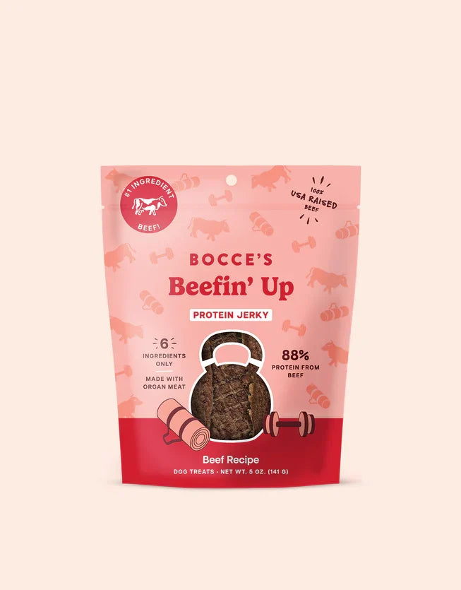 Bocce's Bakery Beefin' Up Jerky Protein Cuts Dog Treats 5oz