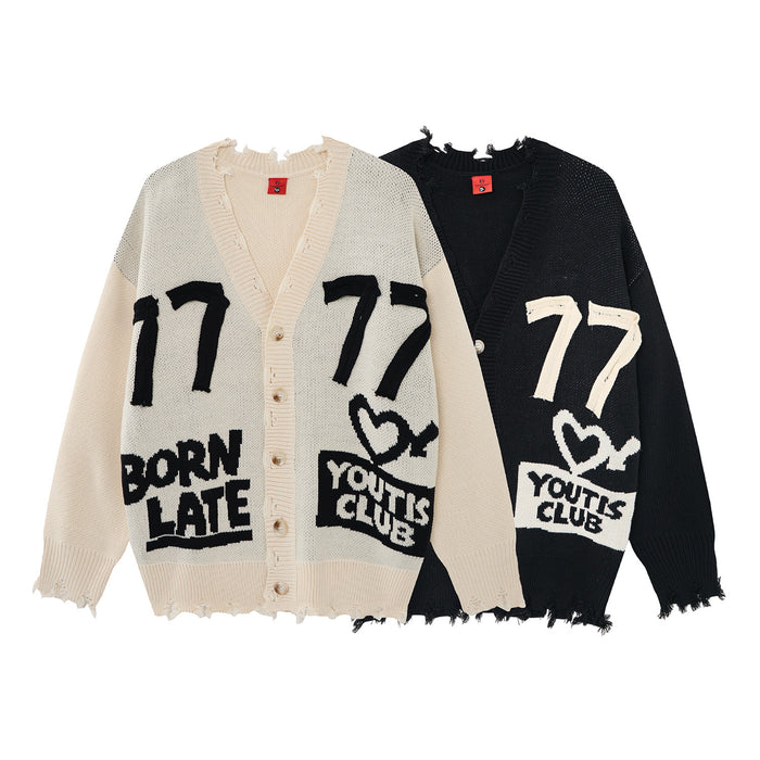 Cream and black distressed knit cardigan sweaters with button fronts, large 77 graphics, and Born Late motifs