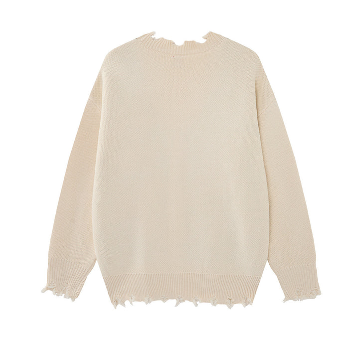 Back view of the cream distressed knit cardigan with a plain body and frayed hem and cuffs