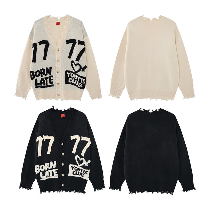 Four-view layout showing cream and black cardigan fronts and backs with distressed hems and graphic details