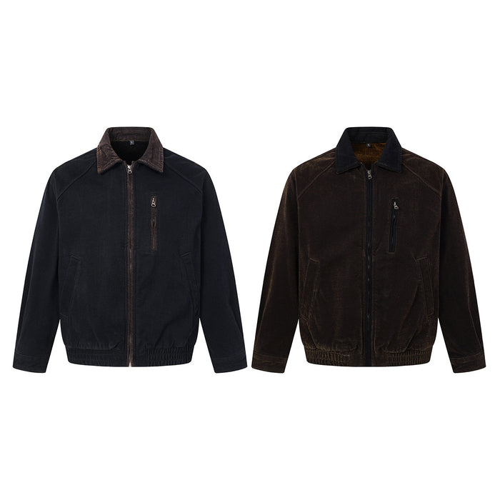 Front view of black and dark brown velvet Harrington jackets with contrasting collars and zippered fronts