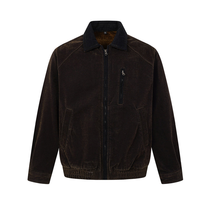 Boxy fit velvet Harrington jacket in dark brown with contrast collar and chest zip pocket, retro American workwear style