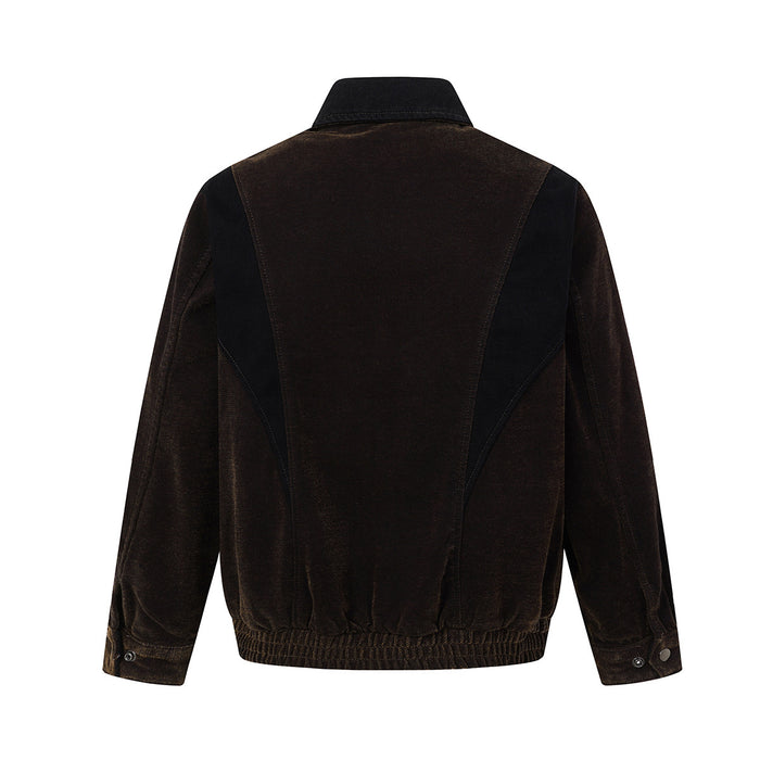 Back view of the dark brown velvet Harrington jacket with a contrasting yoke and elastic hem