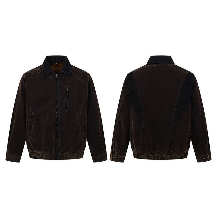 Dark brown Harrington jacket shown from front and back with contrast panels, zip closure, and ribbed hem
