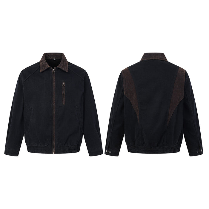 Black Harrington jacket shown from front and back with brown collar and curved back contrast panels