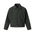 Army green washed boxy Harrington jacket with distressed collar and frayed elbow patches, front and back view