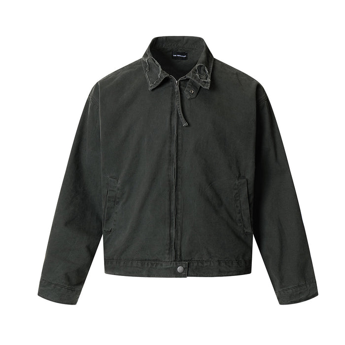 Army green washed boxy Harrington jacket with distressed collar and frayed elbow patches, front and back view