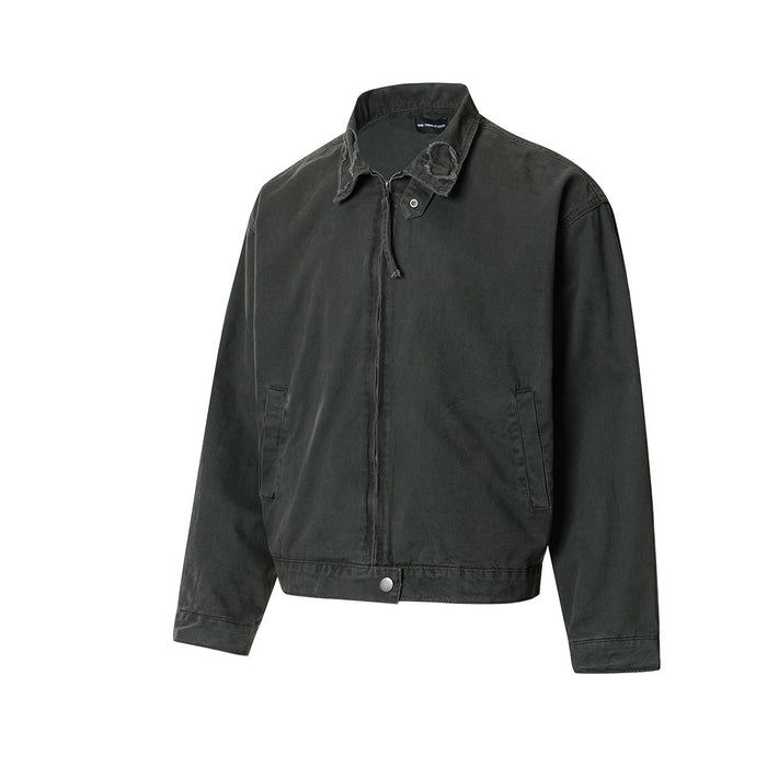 Front view of a dark army green washed Harrington jacket with distressed collar, zipper, pockets, and snap hem