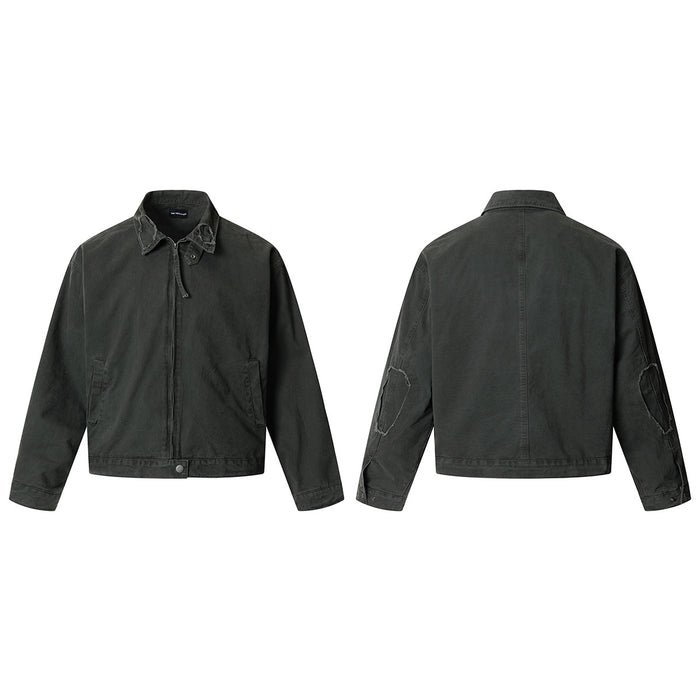 Front and back views of a dark army green washed Harrington jacket with a boxy short fit