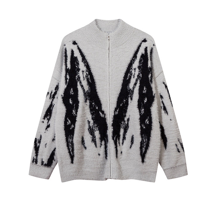 Oversized butterfly jacquard zip-up knit cardigan sweater in light grey with black pattern, front and back view