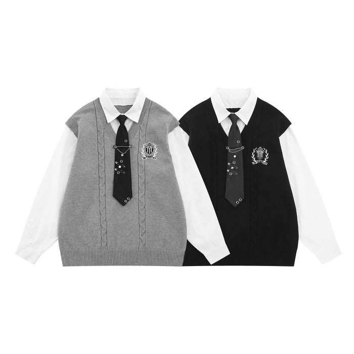 Gray and black cable-knit sweater vests layered over white shirts, each with a black tie and crest embroidery