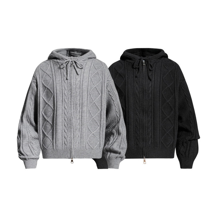 Oversized cable knit zip-up hoodie with diamond argyle pattern and drawstring hood in grey and black