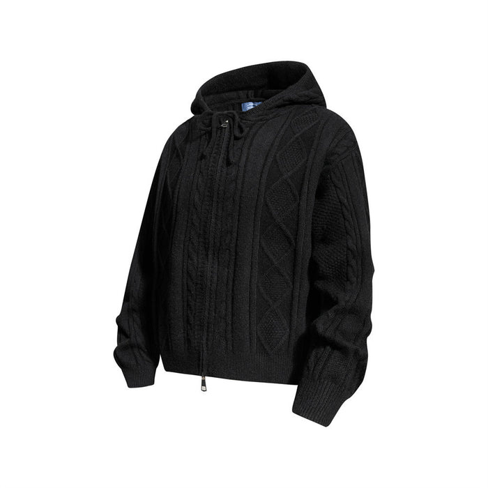 Black cable knit zip-up hoodie shown at a three-quarter front angle with diamond pattern and drawstring hood