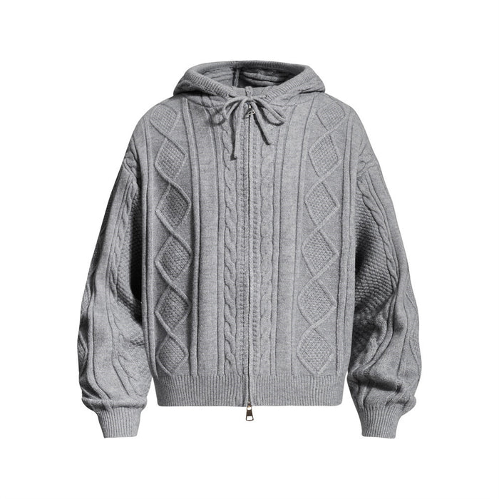 Gray cable knit zip-up hoodie with diamond panels, drawstring hood, ribbed cuffs and hem shown from the front