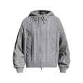 Gray cable knit zip-up hoodie with diamond panels, drawstring hood, ribbed cuffs and hem shown from the front