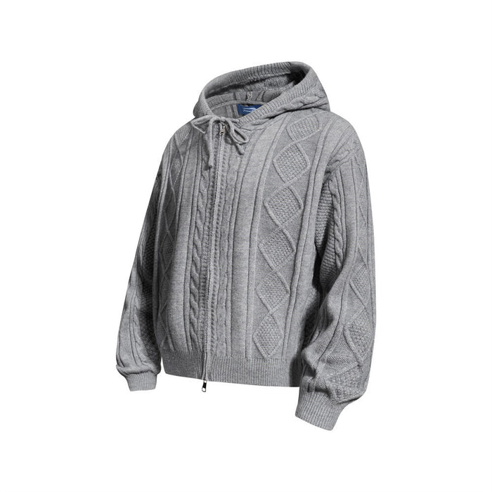 Gray cable knit zip-up hoodie shown at a three-quarter front angle with diamond pattern and drawstring hood