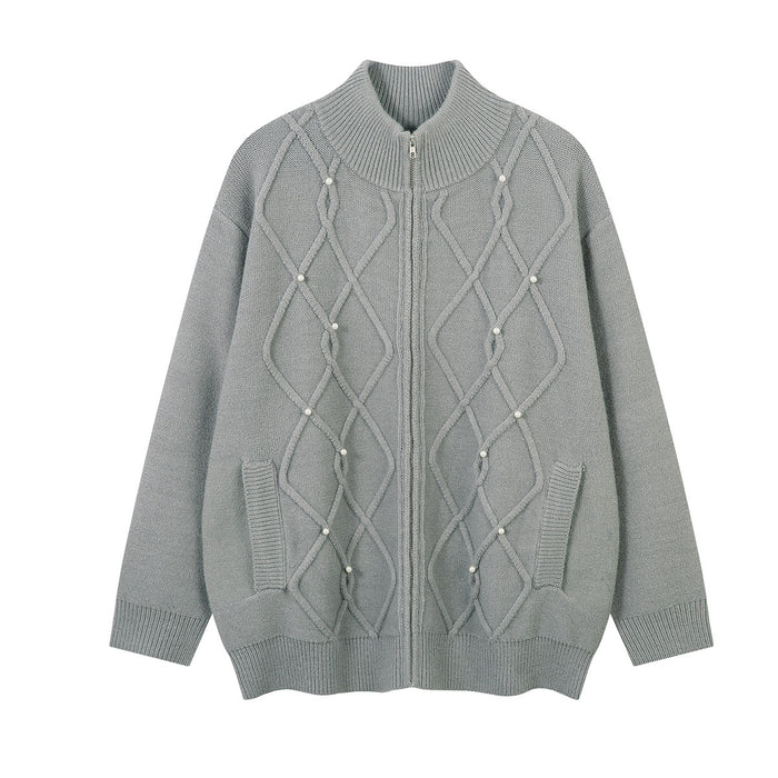 Cable knit zip-up sweater jacket with pearl embellishments in grey, shown front and back