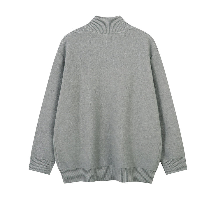 Gray knit zip-up sweater jacket shown from the back with a ribbed stand collar, cuffs, and hem
