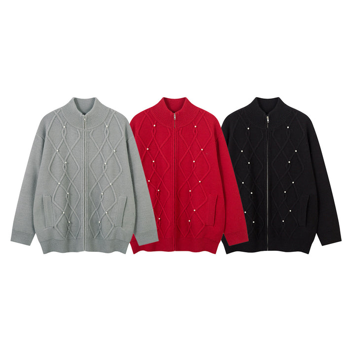 Three front-view cable knit zip-up sweater jackets in gray, red, and black with pearl embellishments