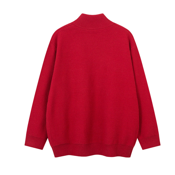 Red knit zip-up sweater jacket shown from the back with a plain design and ribbed collar and hem