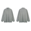 Gray cable knit zip-up sweater jacket shown in front and back views with pearl embellishments
