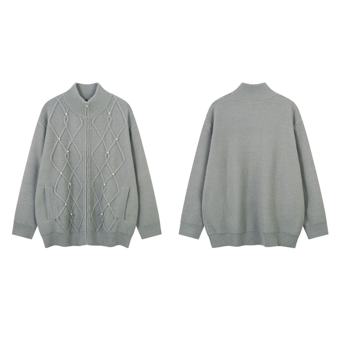 Gray cable knit zip-up sweater jacket shown in front and back views with pearl embellishments