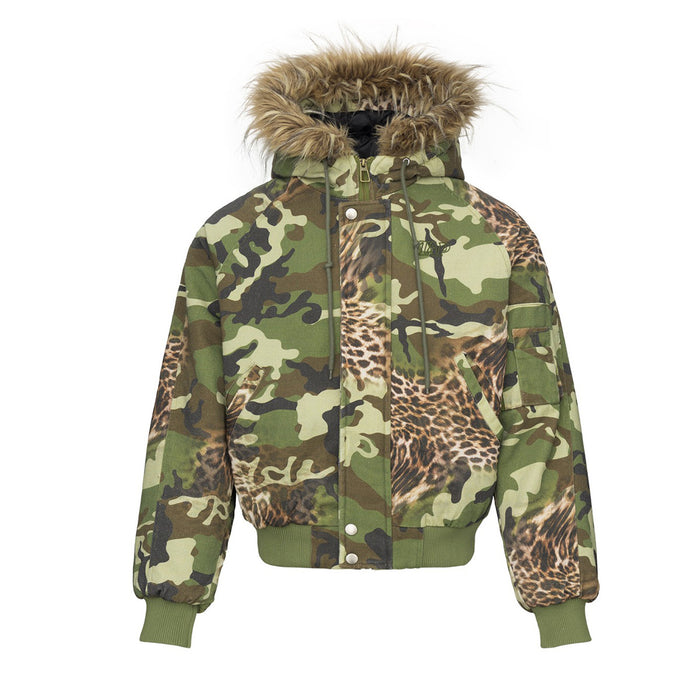 Camo and leopard print padded bomber jacket with faux fur hood, front and back view