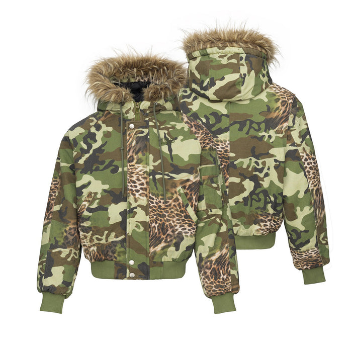 Camo and leopard-print bomber jacket shown in front and back views with a faux-fur-trimmed hood