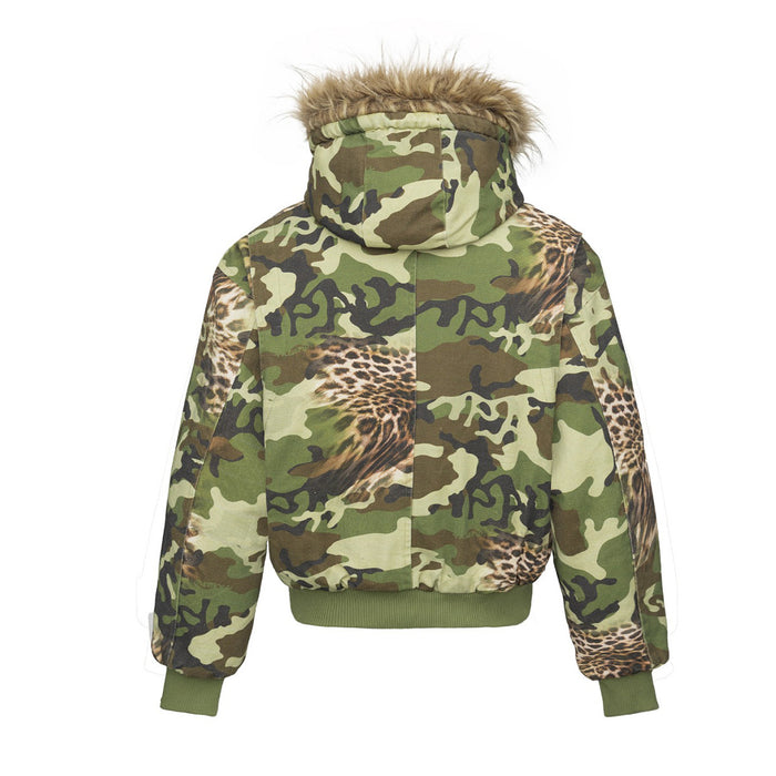 Back view of a green camouflage and leopard-print bomber jacket with a faux-fur-trimmed hood