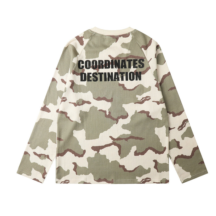 Back view of a cream, sage, and brown camouflage waffle-knit shirt with Coordinates Destination text