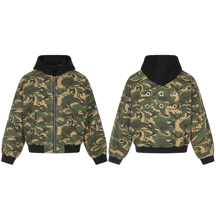 Camo padded bomber jacket shown from the front and back with black ribbed trim, hood, and back grommet detail