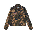 Cropped camouflage zip-up jacket with stand collar, Union Jack patch, and embroidered chest script, shown front and back
