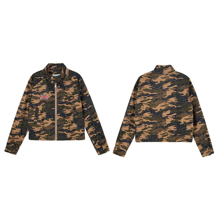 Cropped brown, olive, and navy camouflage zip-up jacket shown from the front and back with stand collar