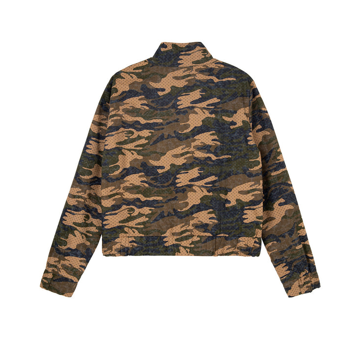 Back view of a cropped camouflage jacket in brown, olive, and navy with a stand collar