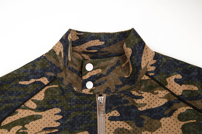 Close-up of the camouflage jacket's stand collar, snap closures, and silver front zipper