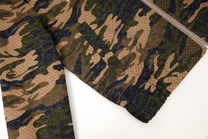 Close-up of a camouflage jacket sleeve and ribbed-looking cuff beside the front zipper
