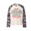 Cream waffle-knit raglan long sleeve shirt with camo star-print sleeves and New York 1997 varsity graphic on chest, front and