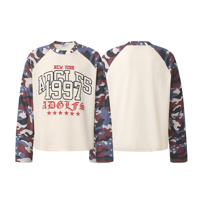 Camo raglan long-sleeve waffle-knit shirt shown front and back, with cream body and New York 1997 graphic