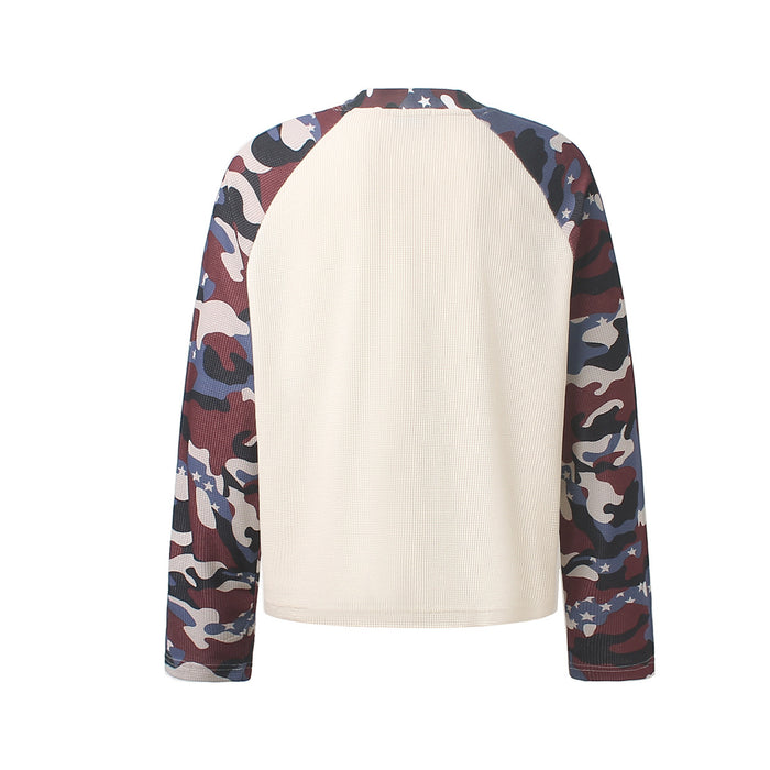 Back view of a cream waffle-knit raglan shirt with multicolor camouflage sleeves and no back graphic