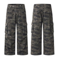 Dark gray camouflage cargo trousers shown from the front and back with wide legs and multiple flap pockets