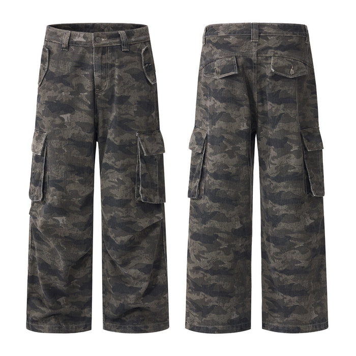 Dark gray camouflage cargo trousers shown from the front and back with wide legs and multiple flap pockets