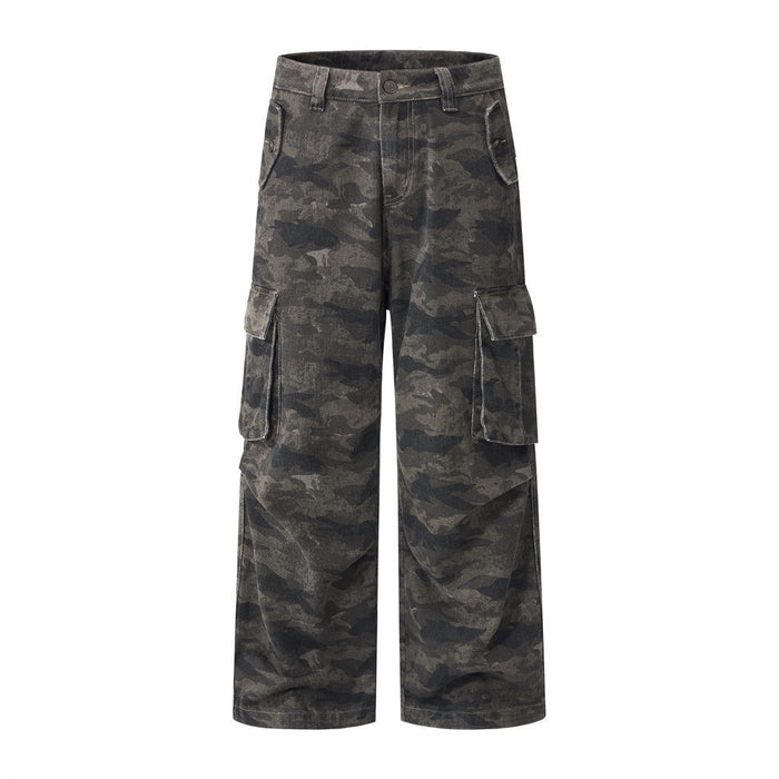 Men's loose fit wide-leg camouflage cargo pants in dark washed denim with multi-pocket utility design, front and back view
