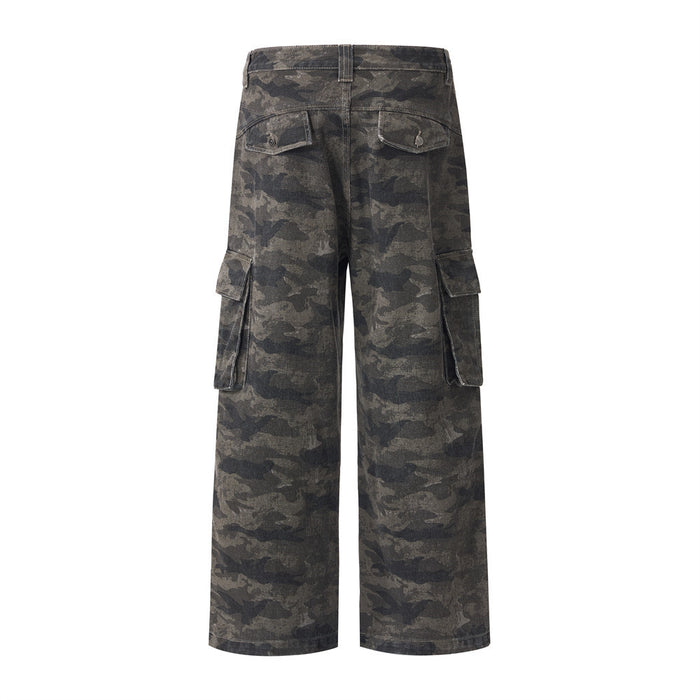 Back view of dark gray camouflage cargo trousers with two rear flap pockets and side cargo pockets